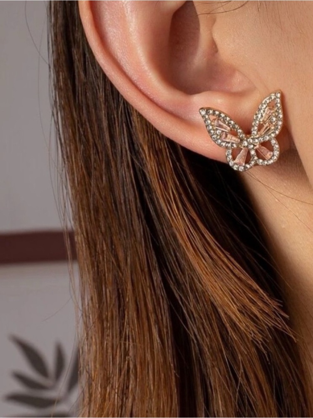 Gold Rhinestone Butterfly Earrings